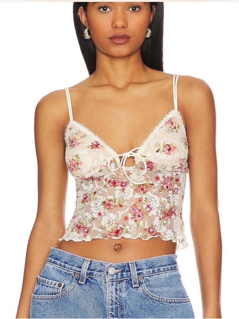 Floral Lace-Trim Camisole in Cream and Pink by (no brand)